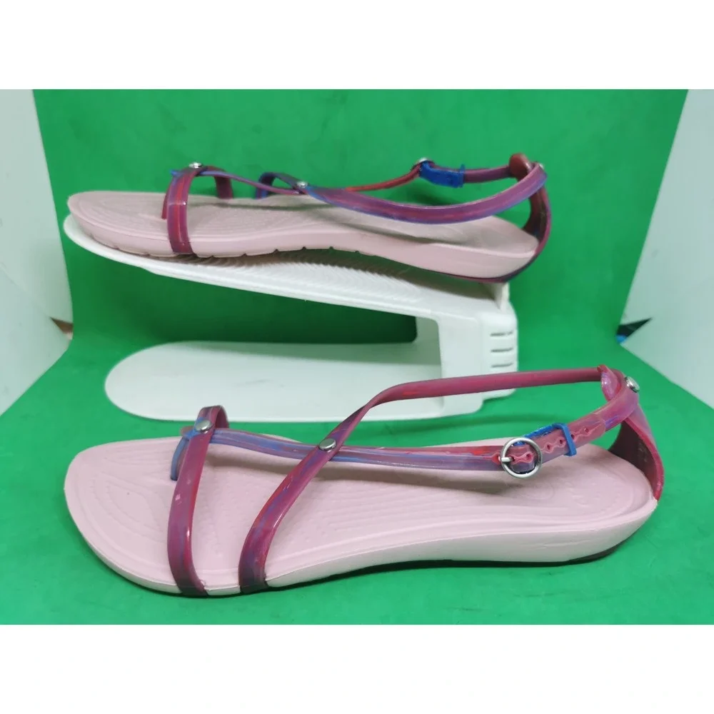 CROCS Size 7 Really Sexi Thong Pink Marble Studded Strappy Sandals Comfort Flat